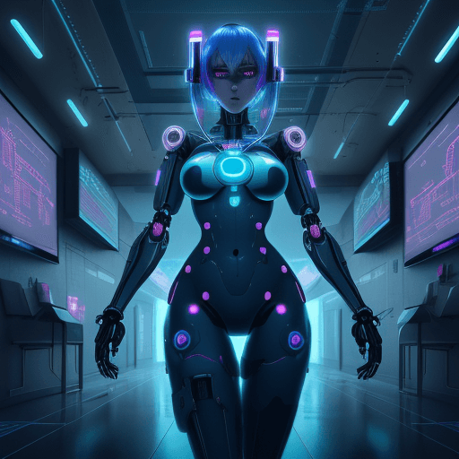 AI generated: A cyberpunk anime illustration of a robot nurse in a futuristic hospital, neon lights reflecting off...