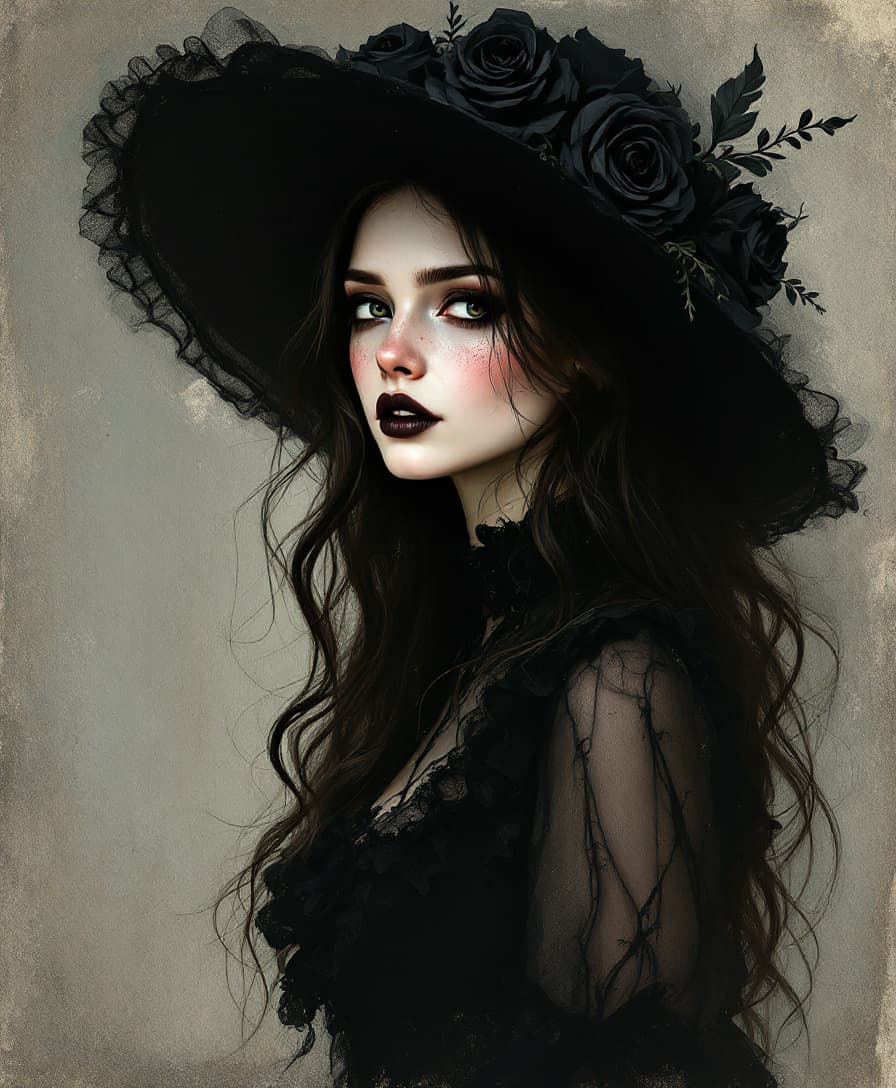 AI generated: A goth woman with long, wavy hair and subtle freckles looks on thoughtfully. She wears an elegant bl...