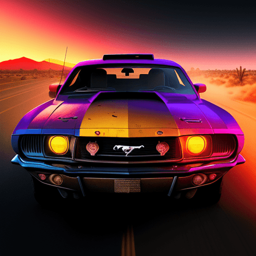 AI generated: A retrowave color scheme comic style poster of a post apocalyptic dystopia, of a mustang fastback st...