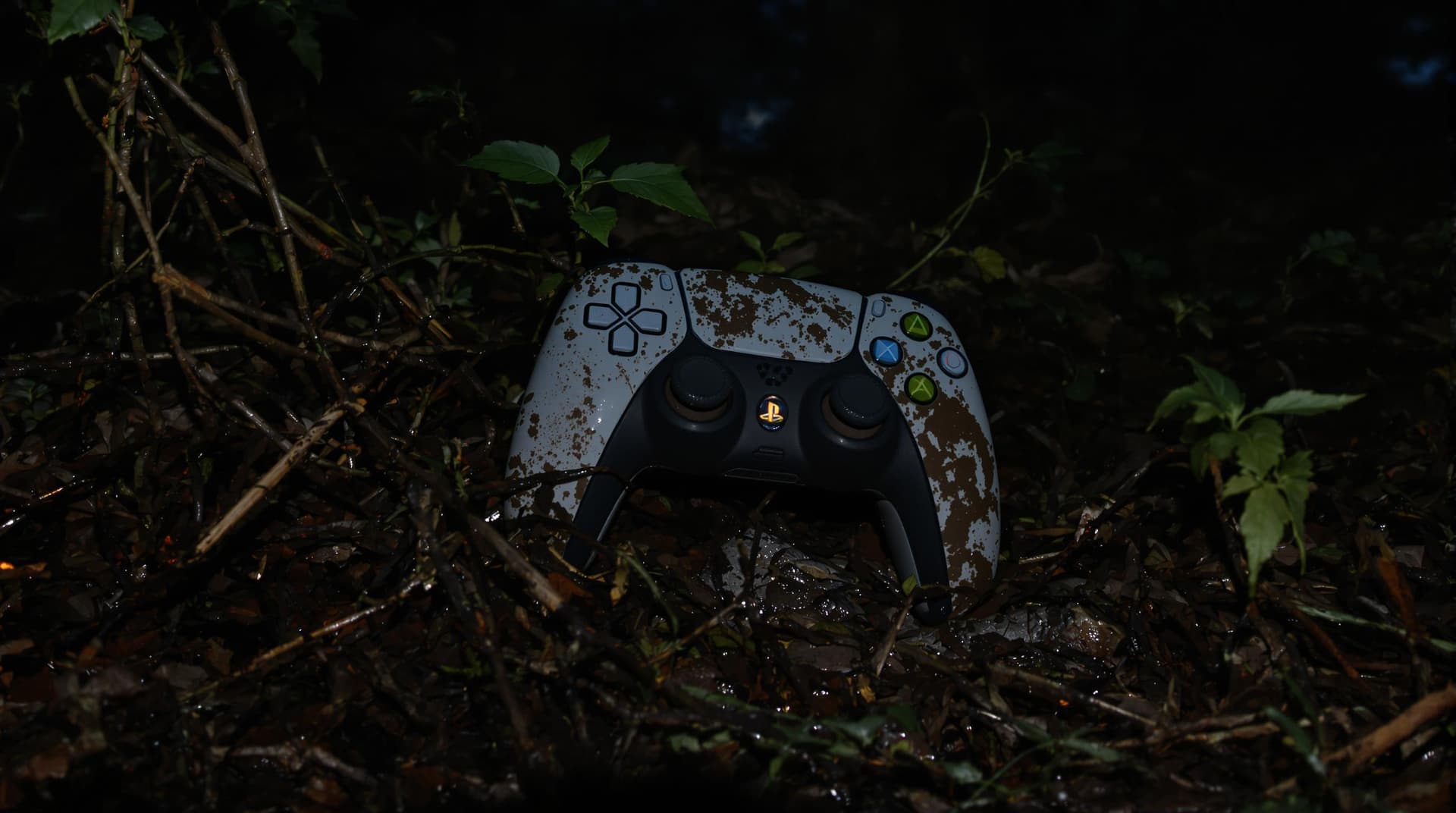 AI generated: A realistic image of a PlayStation 5 controller abandoned in a dense forest at night, partially buri...