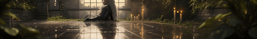 AI generated: Abandoned city in a beautiful garden, candles, rain, water pound, wide shot , a portrait image full ...