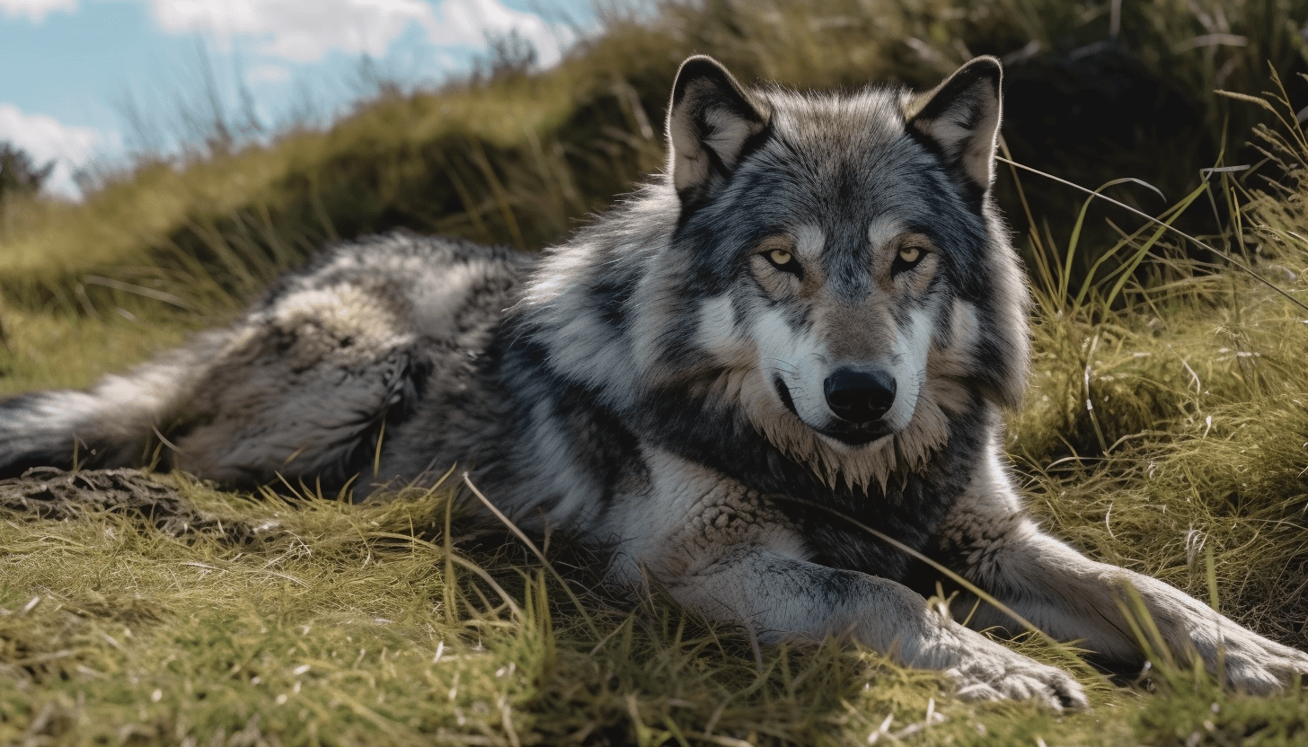 AI generated: a large grey wolf rolling around in grass,animal, creature, 4k, HD, hyperrealistic, photo realistic,...