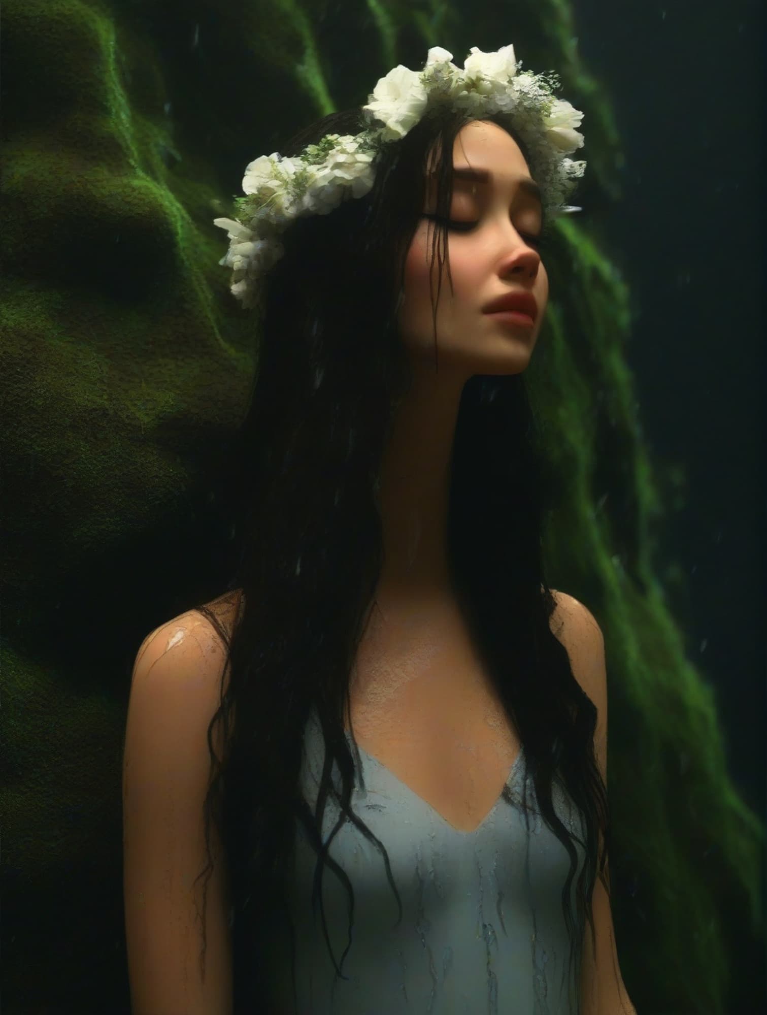 AI generated: From below view. Low warm backlight, misty scene of a woman with long hair with flowers crown, she s...