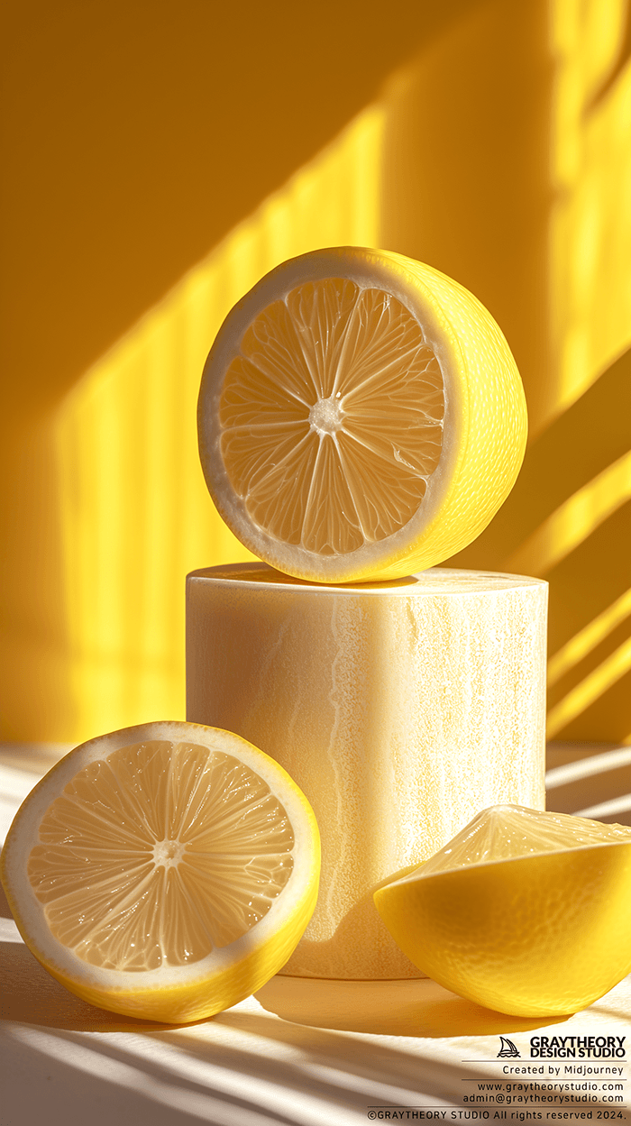 AI generated: photograph, productive view, cylinder podium on lemon, Sony A7R IV with a FE 50mm f/1.2 GM lens, nat...
