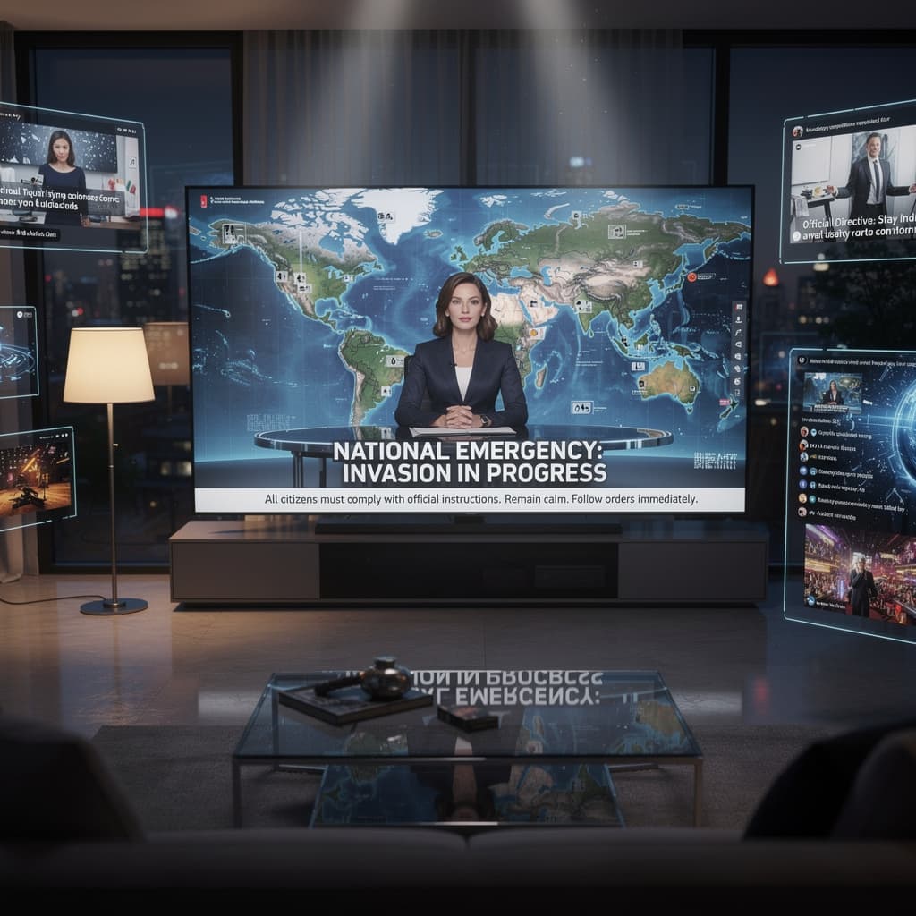 AI generated: Create a visual, show television and internet broadcast giving instructions of an invasion and telli...