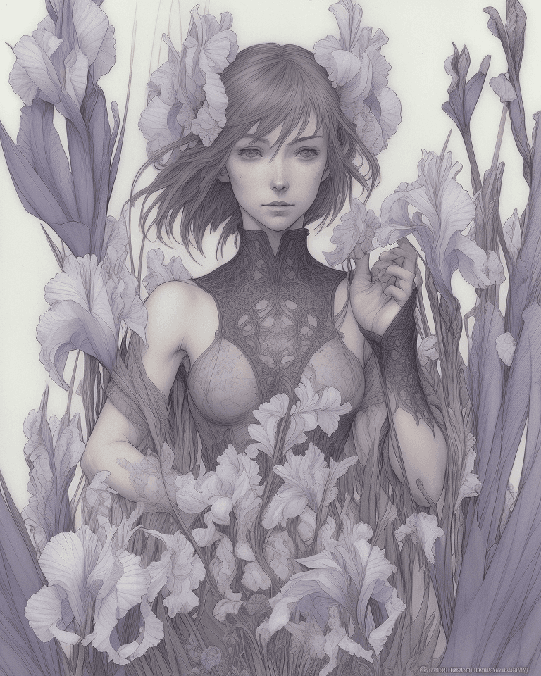 AI generated: delicate blossom of an iris by Posuka Demizu, Arthur Rackham and Tony DiTerlizzi,  highly detailed, ...