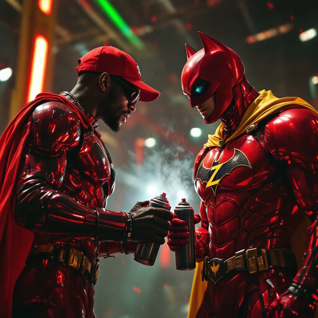 AI generated: hyper real of Diddy the Diddler like the Riddler versus an african black man  inwith a red baseball ...