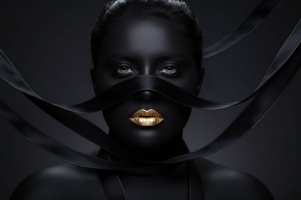 AI generated: a stylized close-up portrait of a face with deep matte black skin and vibrant metallic gold lips, pa...