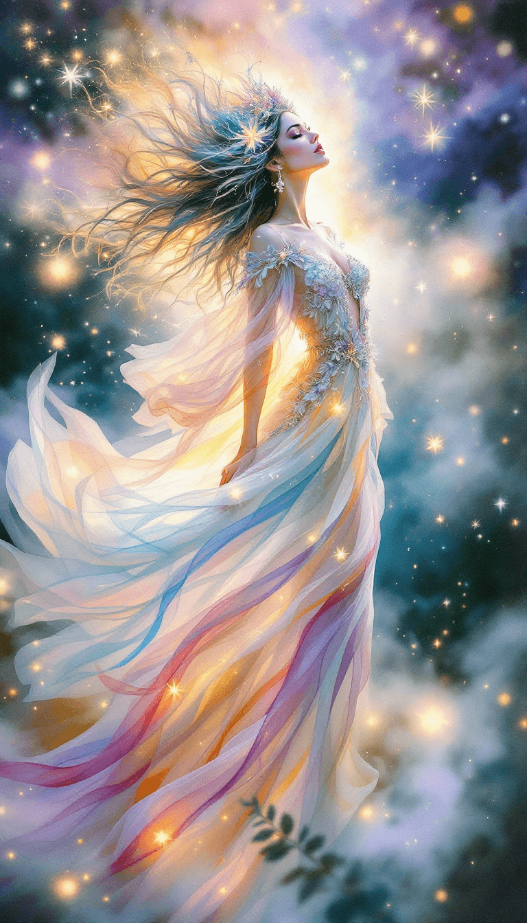 AI generated: A spectacular, large-scale painting of a radiant and ethereal woman adorned in whimsical, fairytale-...