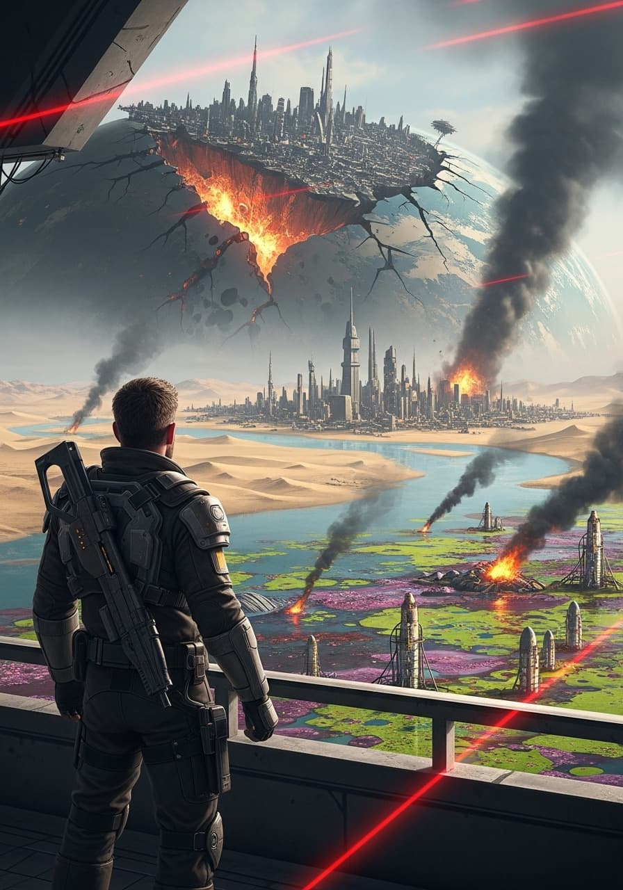 AI generated: On a futuristic distant planet, civilisation is under threat as over exploitation of resources has l...