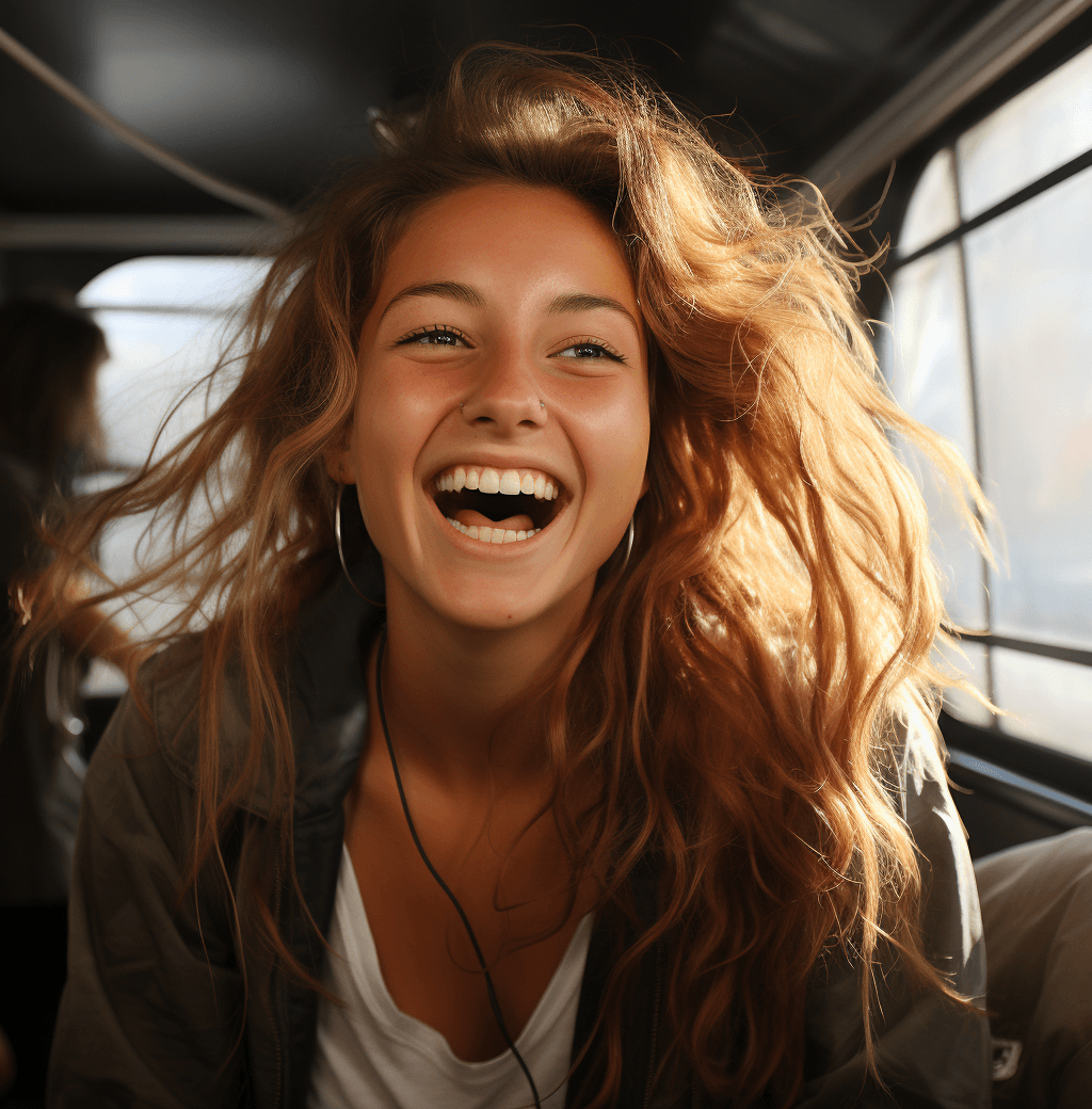 AI generated: a portrait of laughing woman with long hair is drawing in pencil, in the style of hyperrealistic mur...
