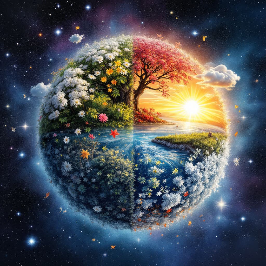 AI generated: Craft a spherical world divided into four quadrants, each symbolizing a season. Spring’s quadrant fe...