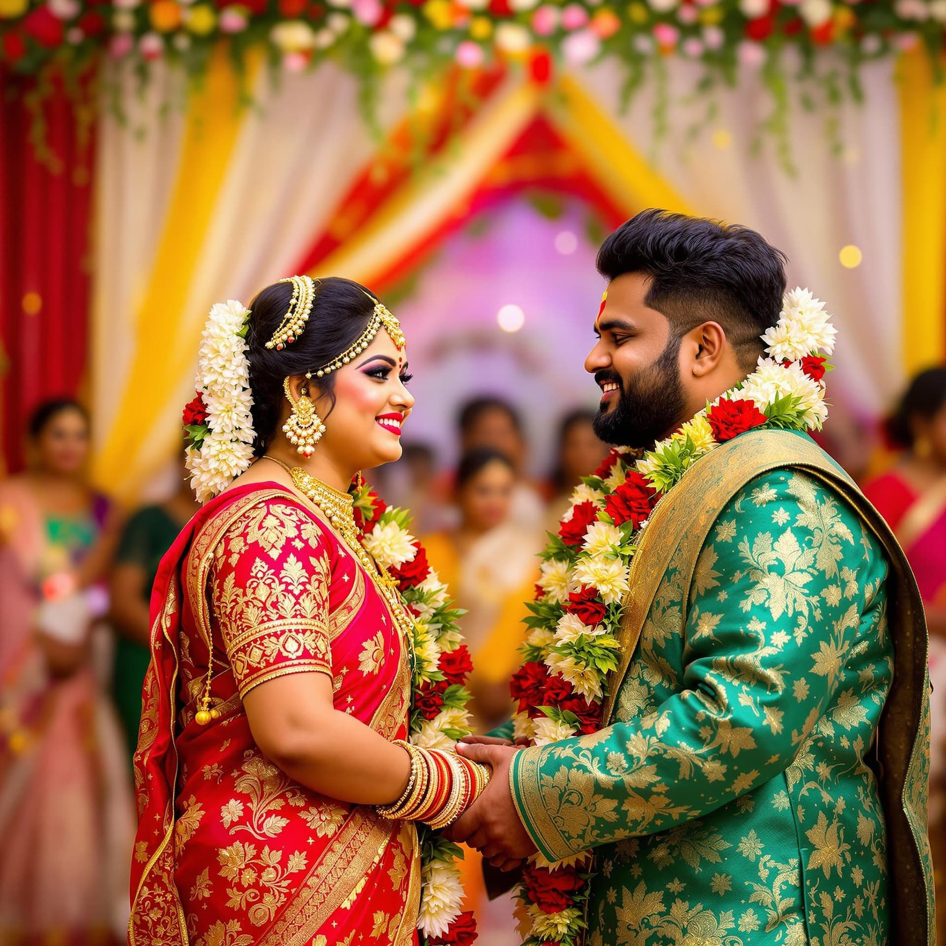 AI generated: fat Kerala groom an bride in kerala traditional wedding dress, looking us by holding their hands and...