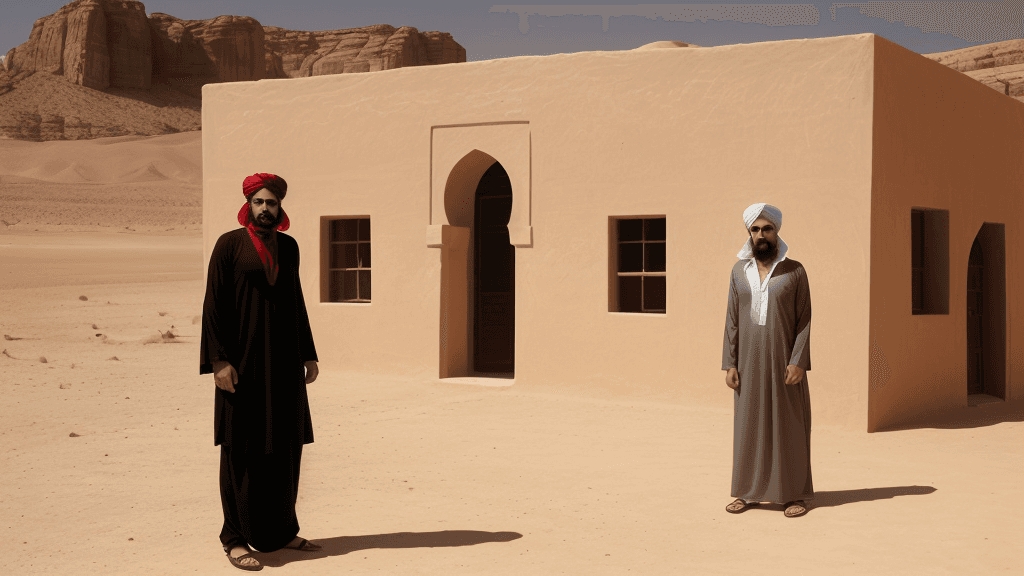 AI generated: man, mysterious, An Arab wears a turban, standing infront of his old house in the desert
