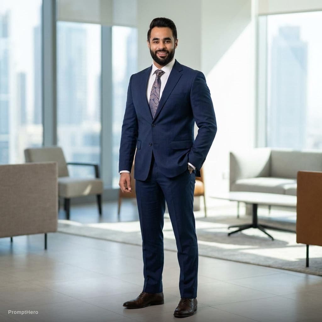 AI generated: portrait of a man in a navy suit with tie, white shirt, and dress shoes, indoor professional lightin...