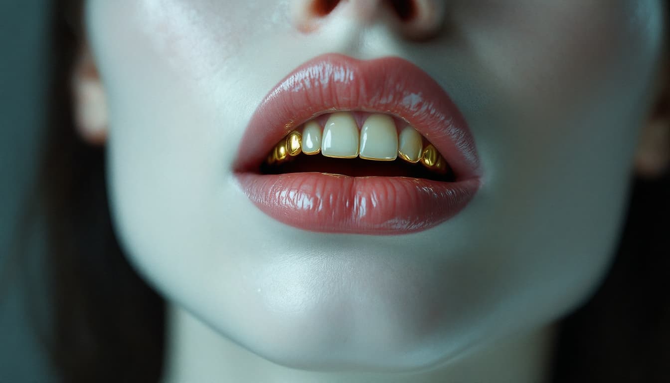 AI generated: a woman with a large jaw and gold teeth, in the style of futuristic minimalism, restrained forms, da...