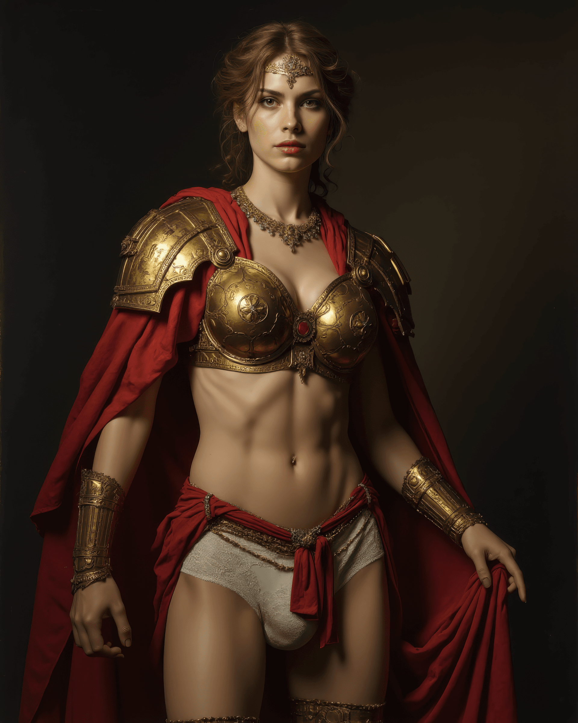 AI generated: full body photo of a tough looking beautiful woman female Roman general in a dramatic chiaroscuro st...