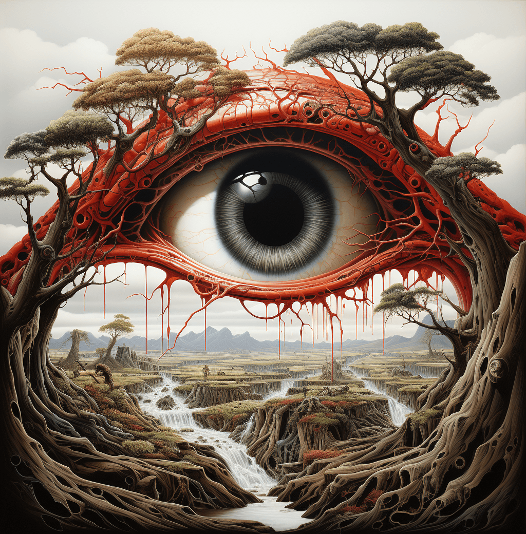AI generated: an eye in a tree near water, in the style of brian despain, dripping paint, expansive landscapes, hi...