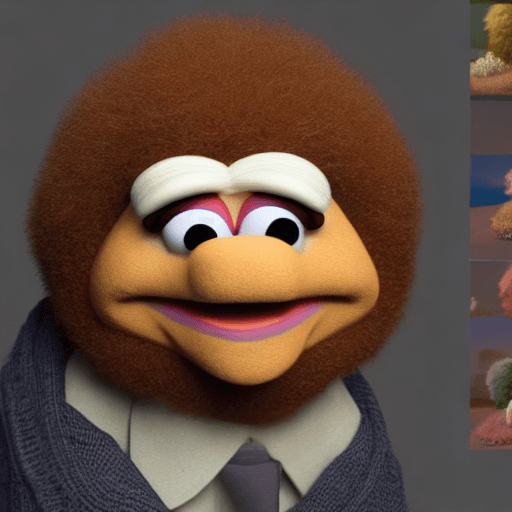 AI generated: Bob Ross as a muppet, pixar fur, vray renderer --beta --upbeta --upbeta