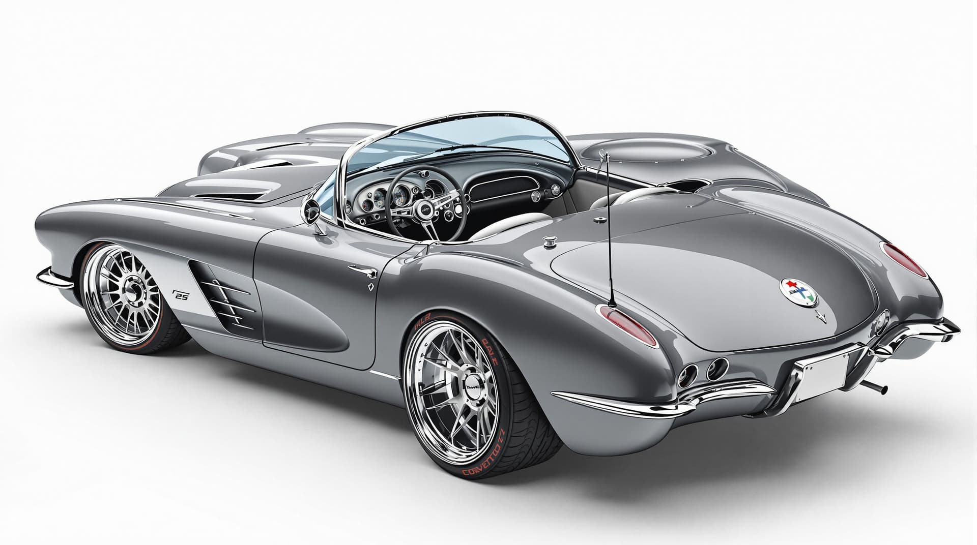 AI generated: Hyper realistic 1959 chevy corvette convertible, rear side top view, gray color, restomod with exhau...