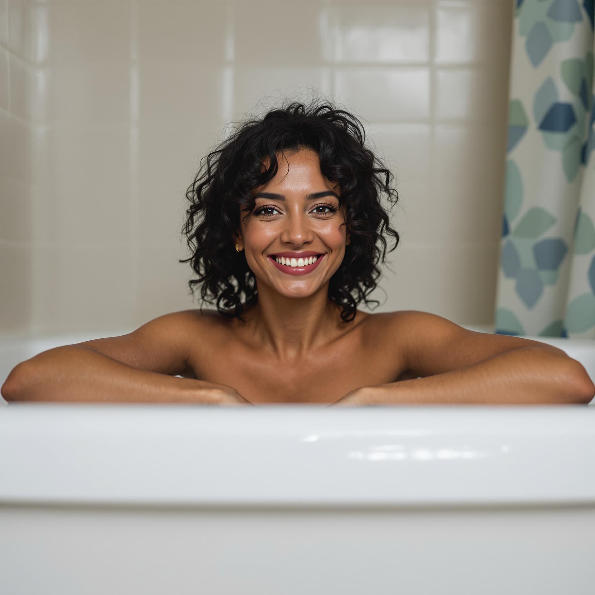 AI generated: Source Description: A woman smiling in a bathtub., Image style (tags): photorealistic, candid, Persp...