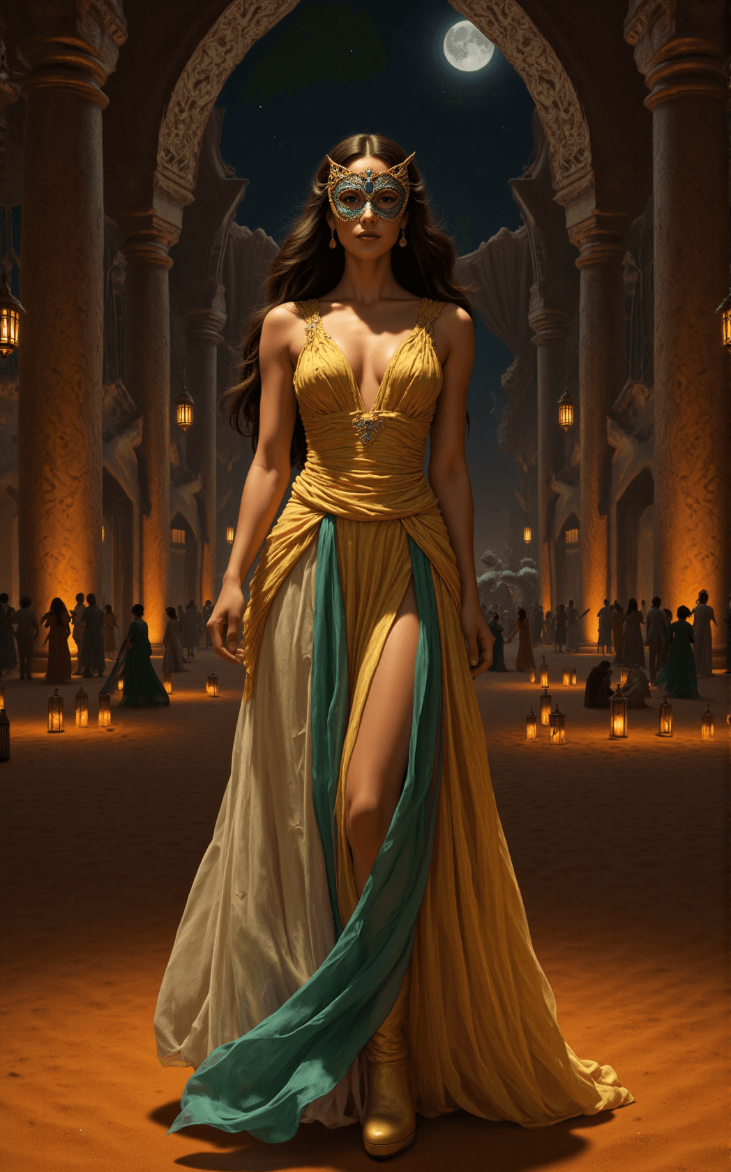 AI generated: A masquerade unfolds in a desert palace beneath lantern-lit arches, moonlight turning the sands to m...