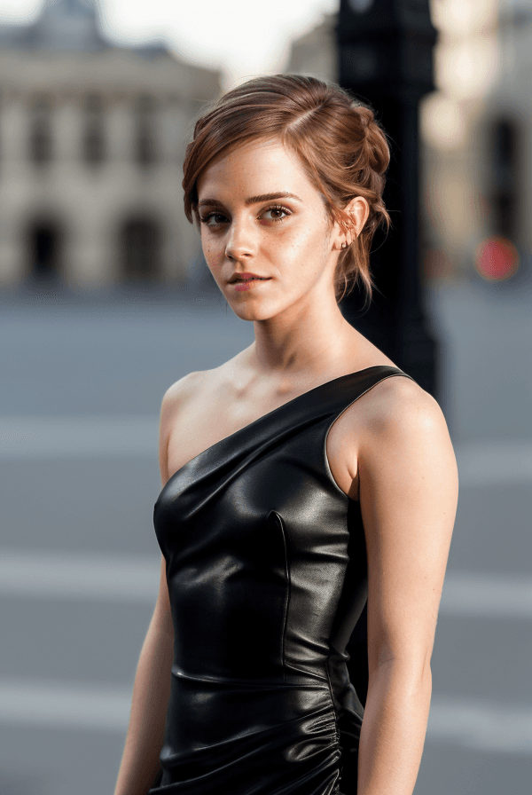 AI generated: (Emma Watson(looking at camera) wearing extremely tight dress:1.3), (curly hair:1.0), (wide hips:0.9...