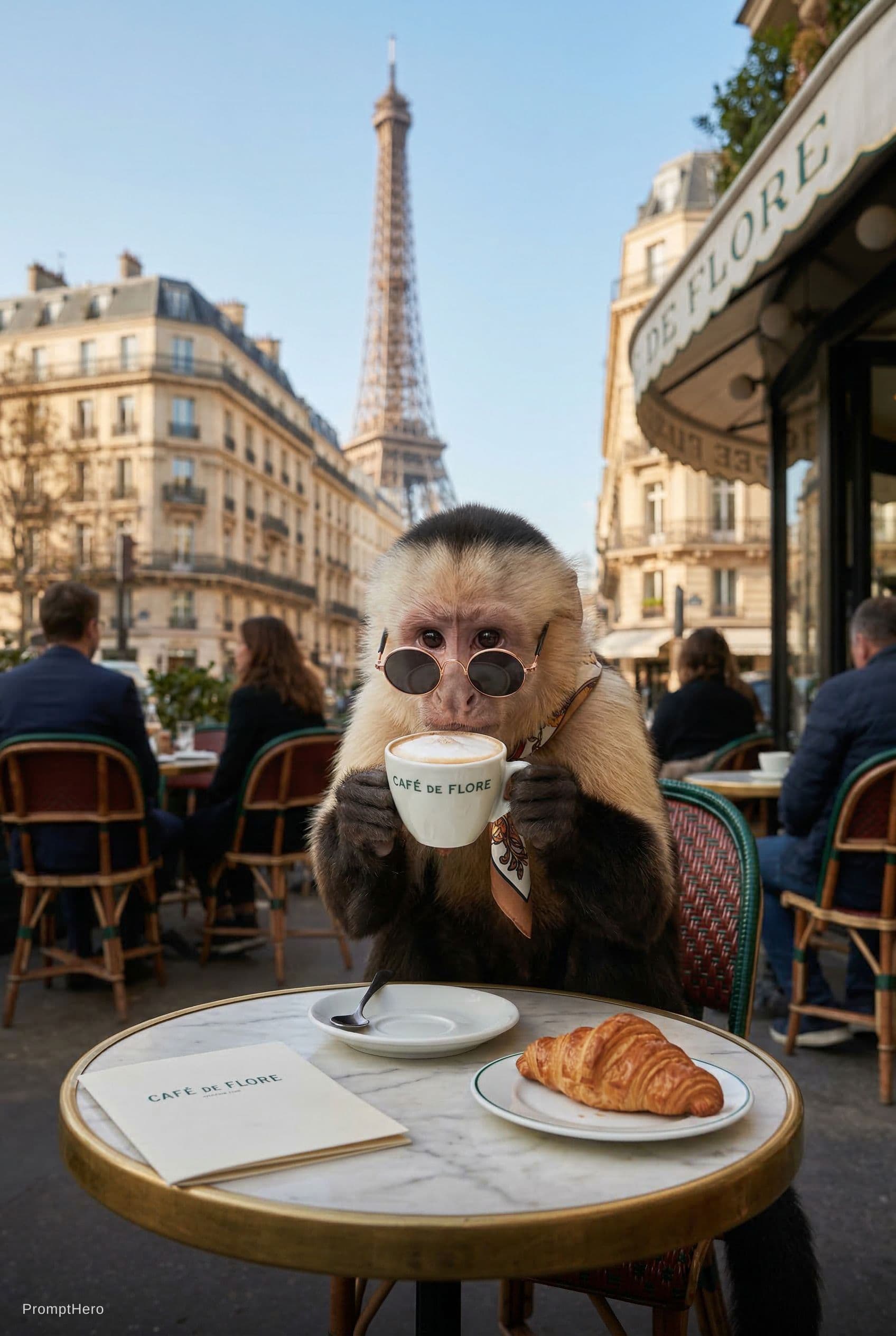 AI generated: A monkey sipping a cappuccino in Paris