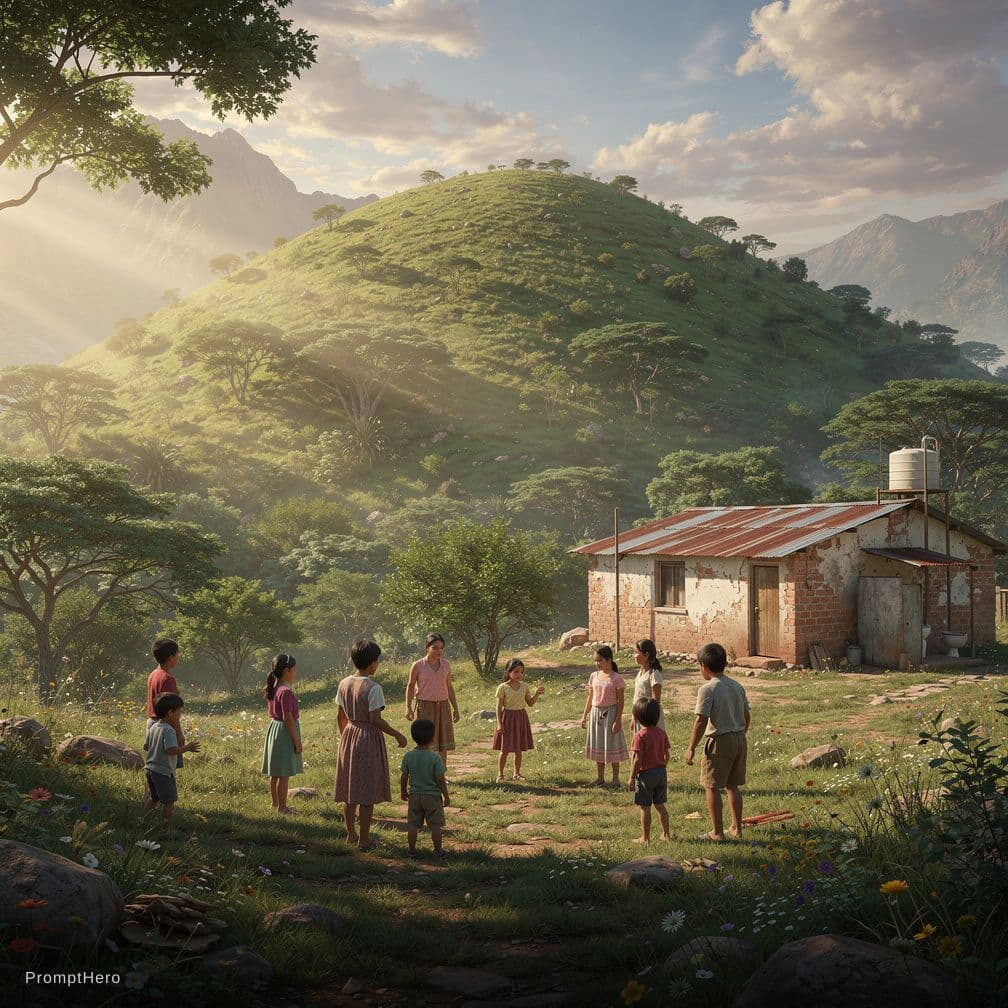 AI generated: A highly detailed matte painting of boys and girls at the foot of a massive hill, with a house featu...