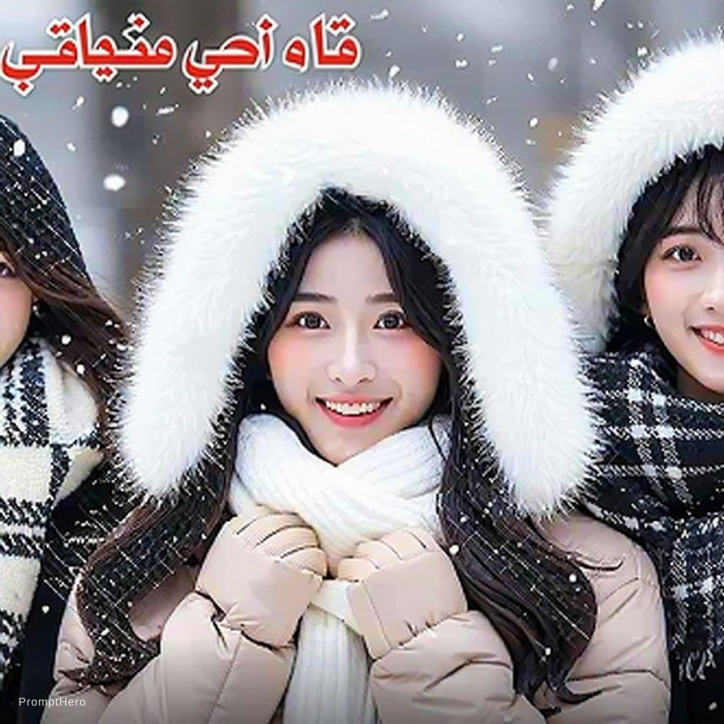 AI generated: A digital artwork montage featuring three individuals in winter attire, set against a blurred, snowy...