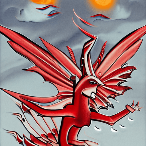 AI generated: red dragon under the stormy sky by sam robinson, in the style of tatiana suarez, harmonious color pa...