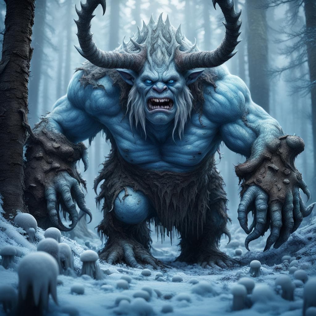 AI generated: scary horned ogre, 20 meter tall, full body, blue eyes, frozen taiga forest with blue mushrooms on t...