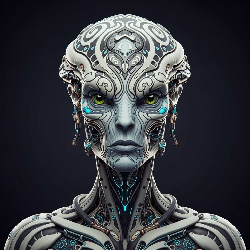 AI generated: alien cyborg, in the style of balanced symmetry, detailed facial features, meticulous portraiture, c...