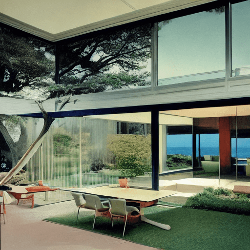 AI generated: Hyper realistic eye level exterior photo of a mid century modern style house overlooking the ocean, ...