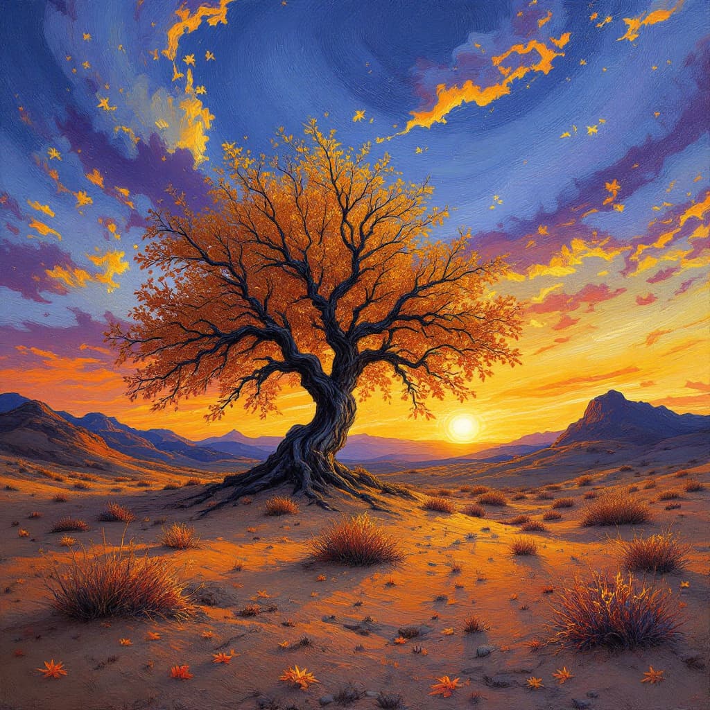 AI generated: A autumn leaf tree in a desert with sunset, painted in style of Van Gogh.”