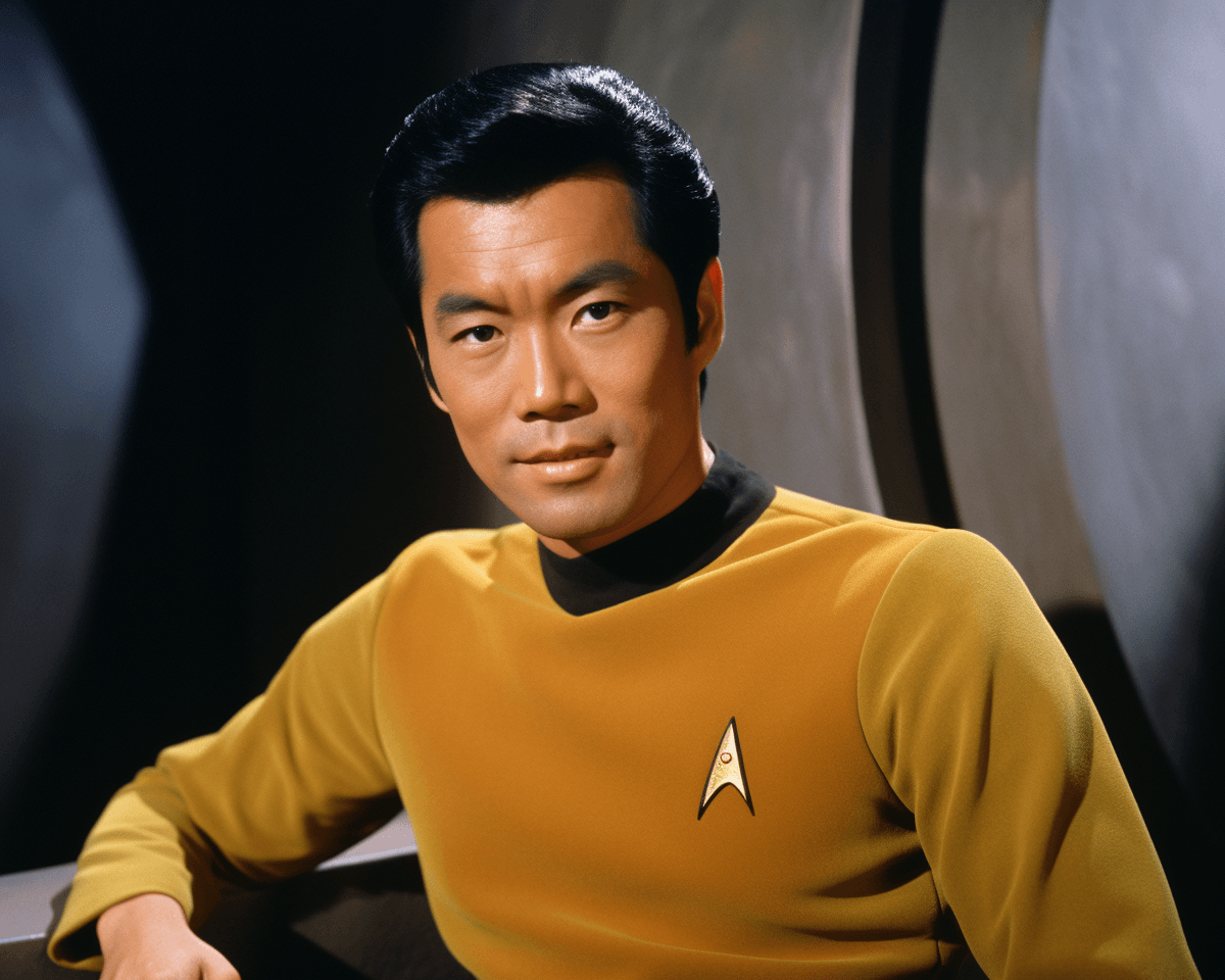 AI generated: Asian man with black hair as Captain Kirk in Star Trek, photo from the set of Star Trek: The Origina...