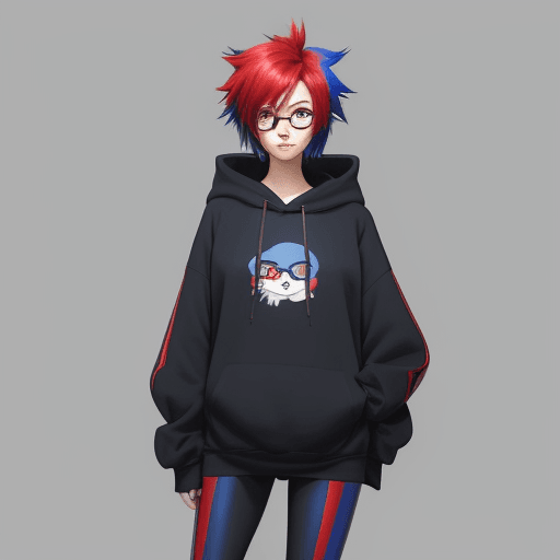 AI generated: A stylized anime female character with short, two-tone hair in red and blue, wearing round glasses a...