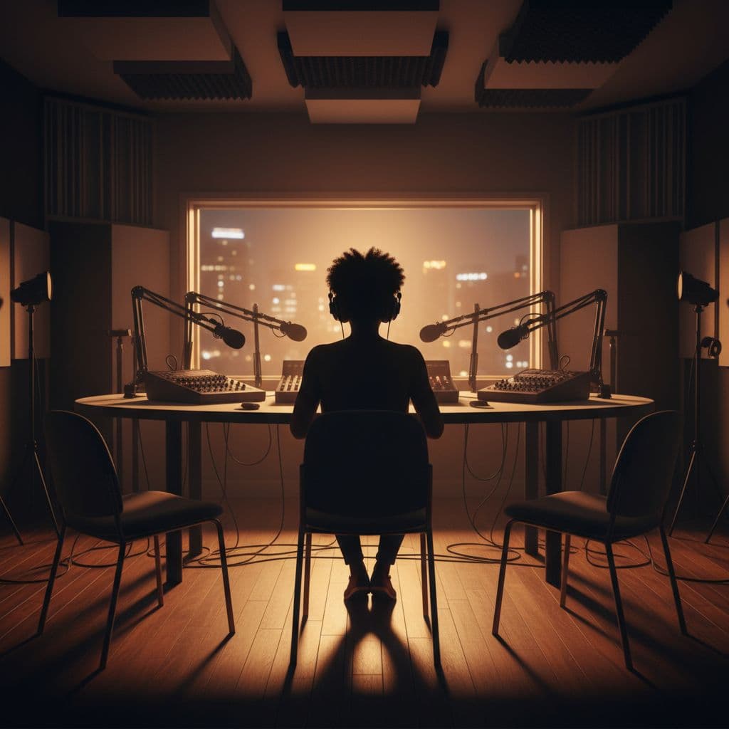 AI generated: silhouette African female podcast studio from behind A