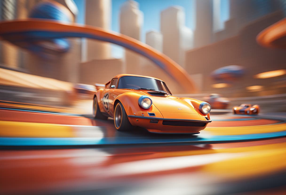 AI generated: cinematic CG 8k wallpaper, aaction scene from Hot Wheels tabletop racing game, bogus room environmen...