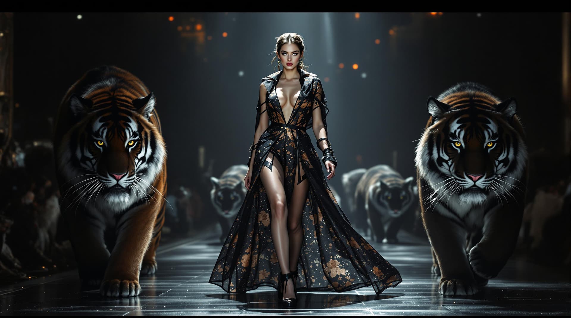 AI generated: catwalk,fashion show, beautiful model ,walking with huge felines,fictive black tigers on the sides,t...