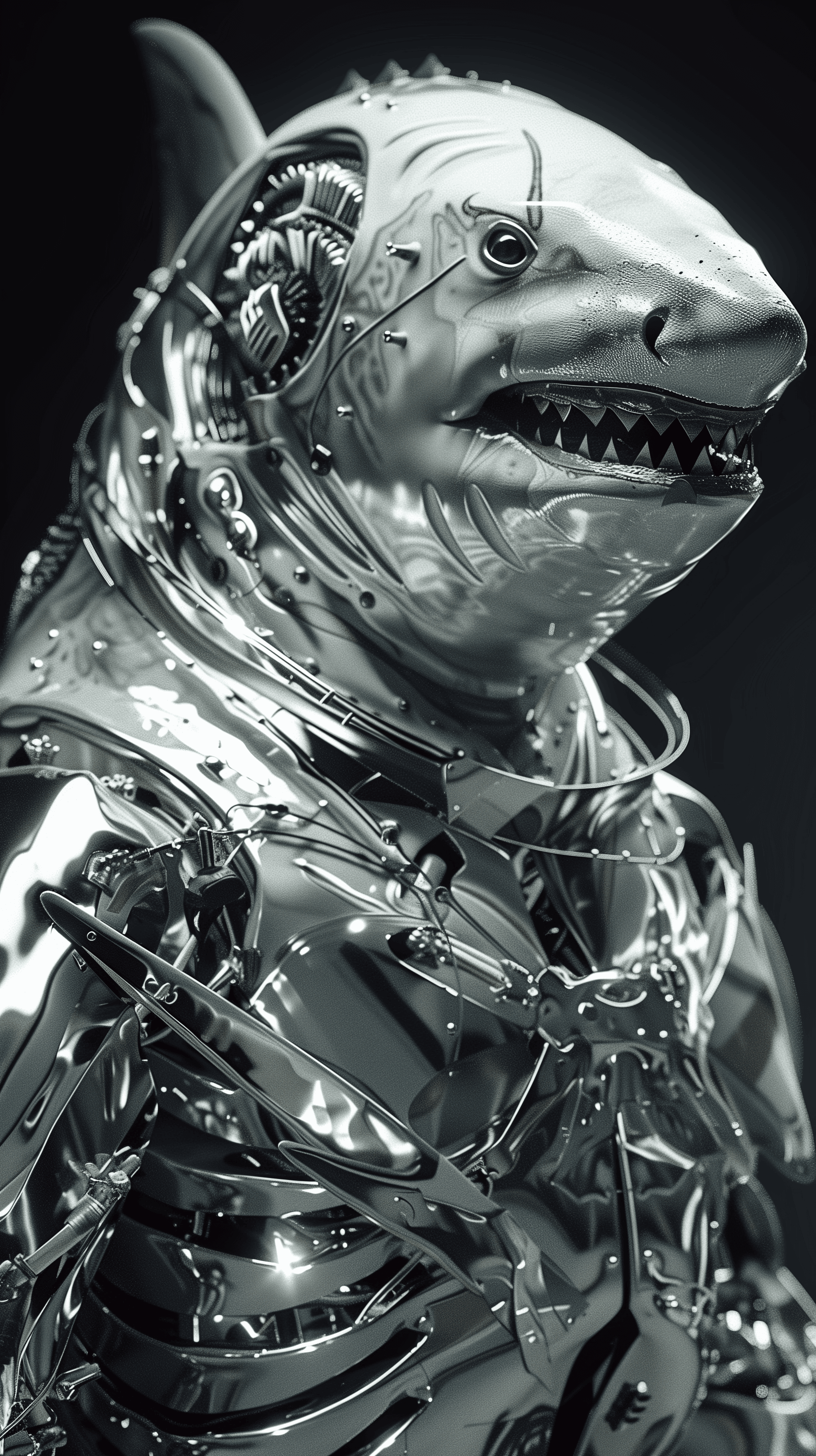 AI generated: a shark wearing alien fashion editorial, metamorphosis, avant-garde hyper futuristic surreal fashion...