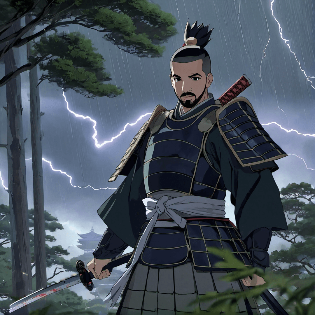 AI generated: Drake as a Shogun, Japanese armour, standing proud in a forest, close-up shot, anime, Muroji Temple ...