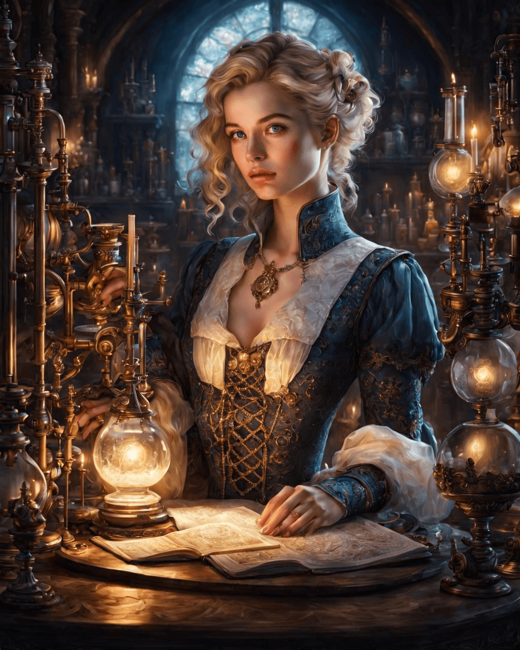 AI generated: portrait of a stunning alchemist girl character, perfectly centered, sits on a high chair at a table...