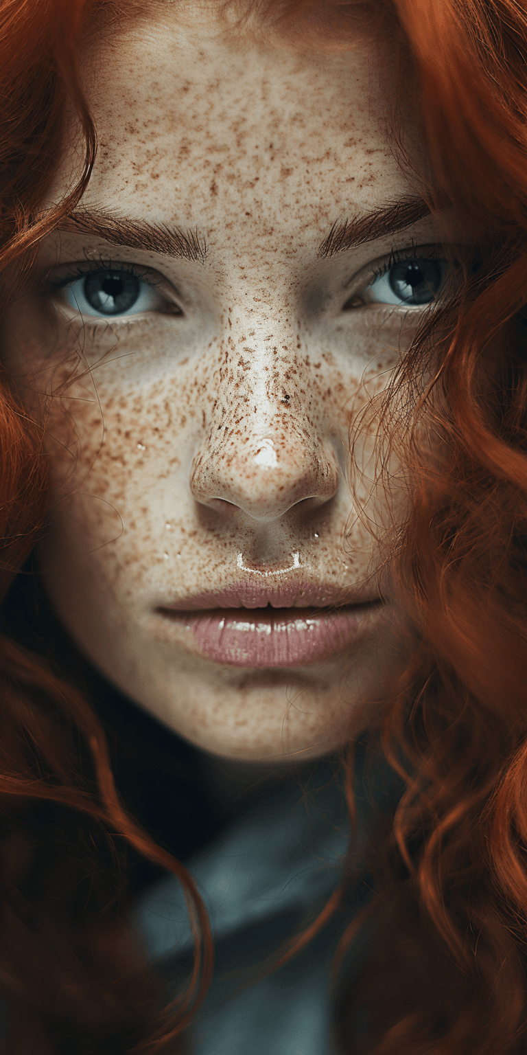 AI generated: grunge style photograph of ginger female instagram model close up, beautiful, long curly hair, notic...
