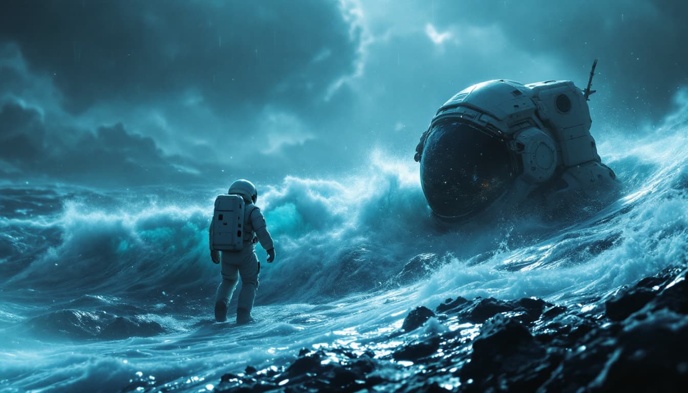 AI generated: Imagine a scene where an astronaut is stranded on an ocean planet in space after his spaceship has c...