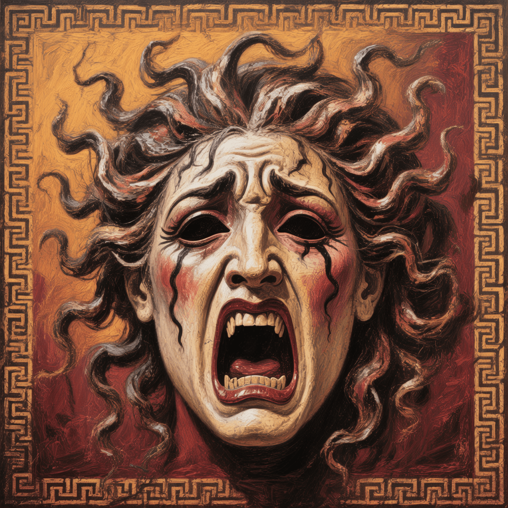 AI generated: Ancient Greek Maenad mask, wild ecstatic expression, painterly graphic style, bold black contours, l...