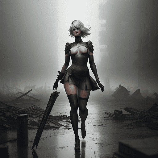AI generated: photorealistic, full body picture, Margot Robbie as 2b from Nier Automata walking in the ruins of a ...