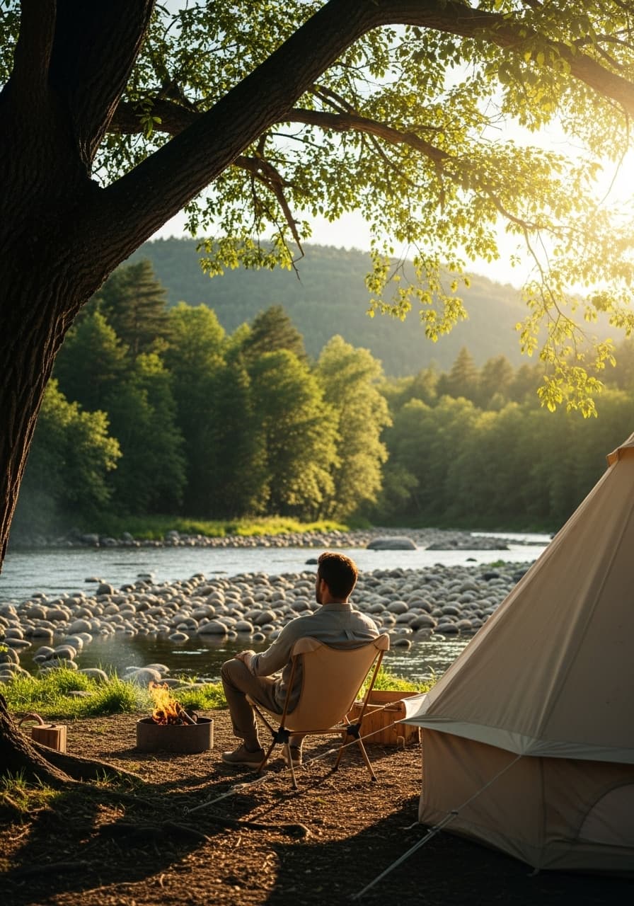 AI generated: A handsome man sits alone in a simple camping chair in front of a beige canvas tent by a river. He i...