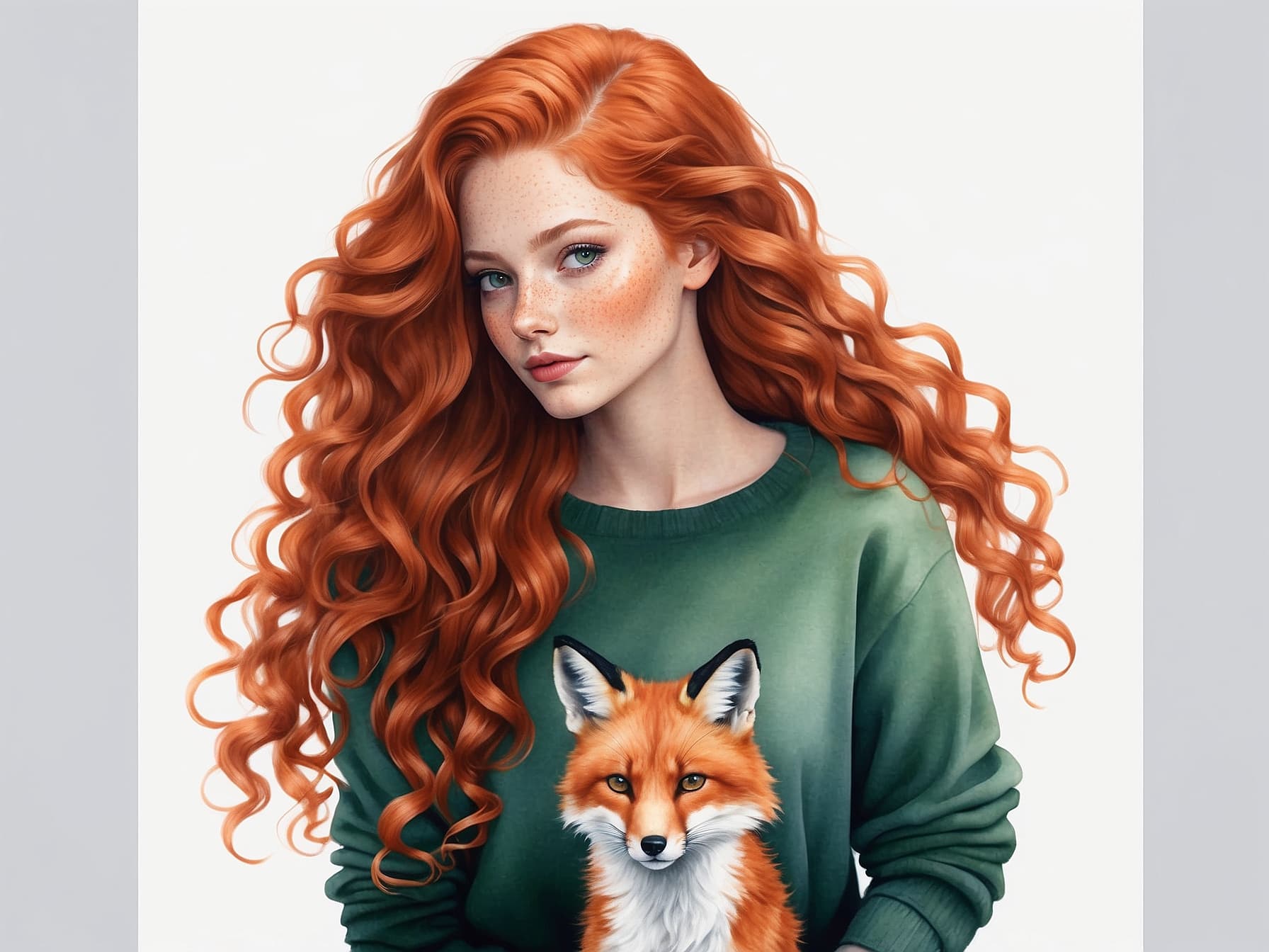 AI generated: a woman with long red hair holding a red fox, vector art, trending on Artstation, long orange sweats...