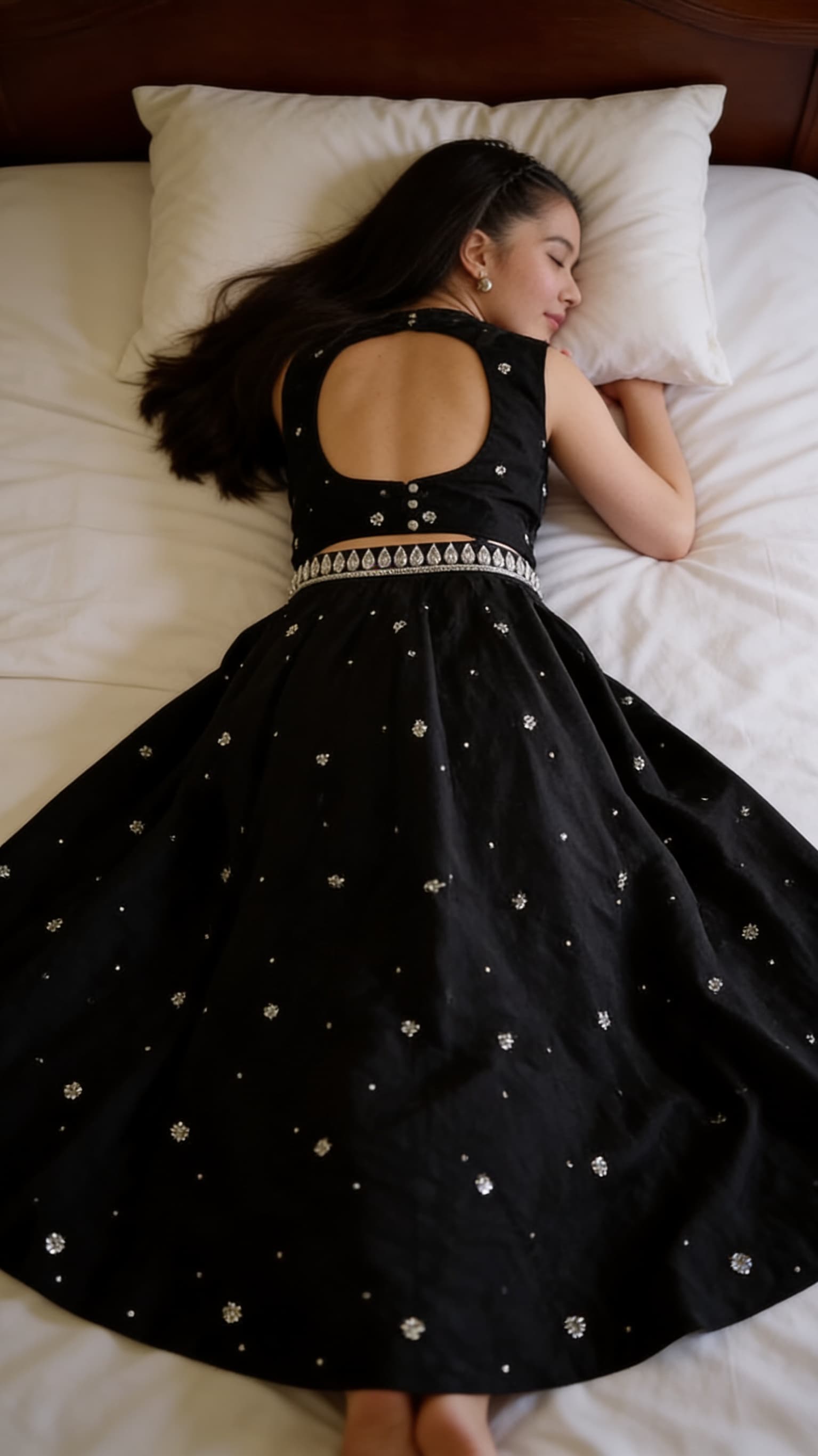 AI generated: Create a High Ultra Realistic picture as this Pakistani blogger Umara is sleeping face lying down on...